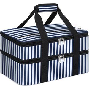 Double Insulated Casserole Carrier, Portable Casserole Carrier for Hot or Cold Food Lunch Tote Warmer or Cooler Bag, Lasagna Lunch Bag for Potluck Parties- Fits 9" x 13" Baking Dish-Blue Stripes (16x10x7.2 in)