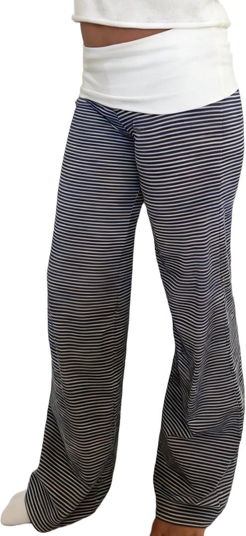 LILTWIST Women Y2k Striped Fold Over Pants Low Rise Yoga Pants Lounge Bottoms Color Block Wide Leg Flare Leggings Sweatpants (Medium)