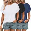 3 Pack Womens Summer Tops Slightly Oversized Short Sleeve Bussiness Casual T Shirts Trendy Clothes Loose Outfit 2025 (Large, Black/Blue/White)