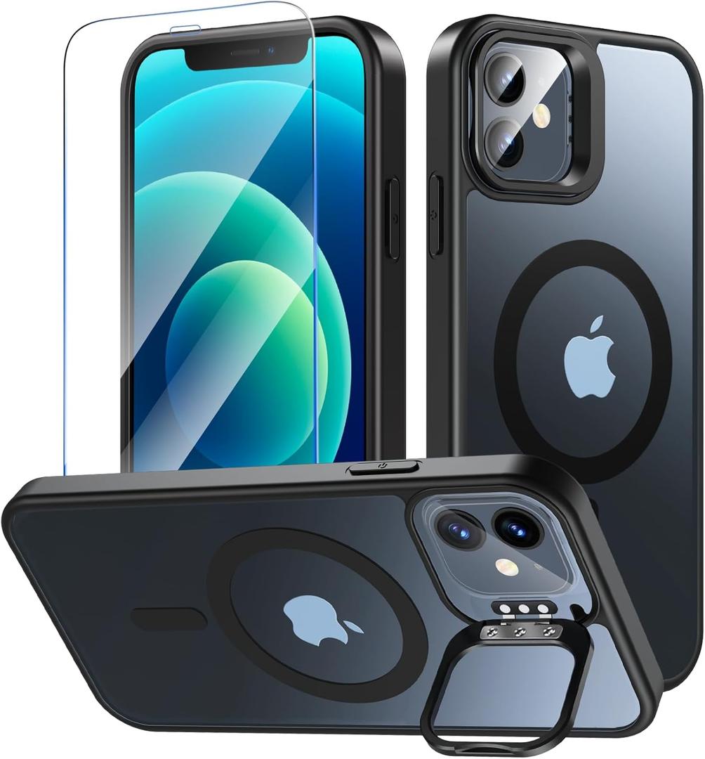 Fin2feel Magnetic for iPhone 12/iPhone 12 Pro Case with Screen Protector, Compatible with MagSafe, Built-in Stash Stand Phone Case Anti-scratch Shockproof Cover for iPhone 12/12 Pro(Translucent Black)