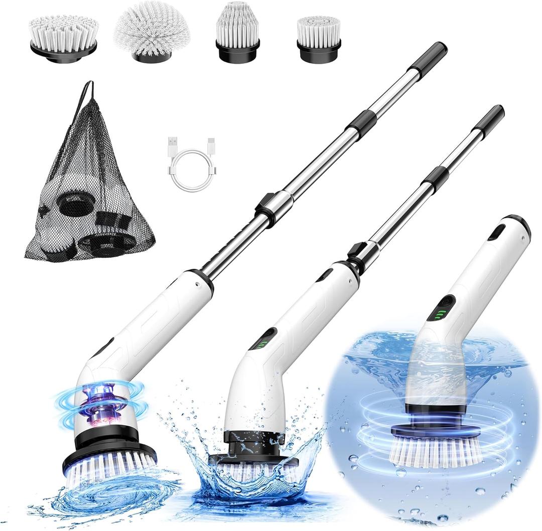 Electric Spin Scrubber, Full-Body IPX7 Waterproof Cordless Shower Scrubber with 4 Replaceable Heads, Upgraded Extension Handle, 2H Work Time, 2 Speeds for Bathroom Shower Tile Glass (Black)