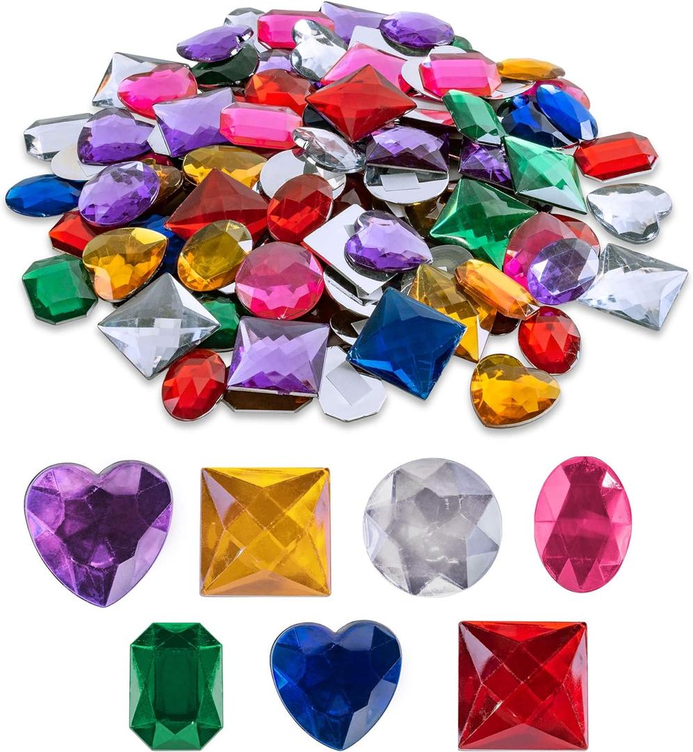 Super Z Outlet 1" Assorted Colorful Adhesive Stick-On Heart Star Round Shaped Jewel Gems for Arts & Crafts, Themed Party Decoration Accessories, Children Activities (100 Pack)