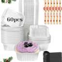 YQER 60 Pack 10oz Mini Cake Pans with Lids, Spoons, Stickers - Disposable Square Brownie Baking Cups - Individual Small Aluminum Foil Loaf Tins for Muffin, Ramekins, Cupcake - Catering, Gift, Sliver