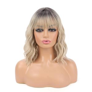 Dark Root to Blonde Wig with Bangs Short Wavy Wigs for Women Ombre Blonde Curly Shoulder Length Bob Wig Synthetic Fiber Wigs for Cosplay Daily Party Use (12 inches)