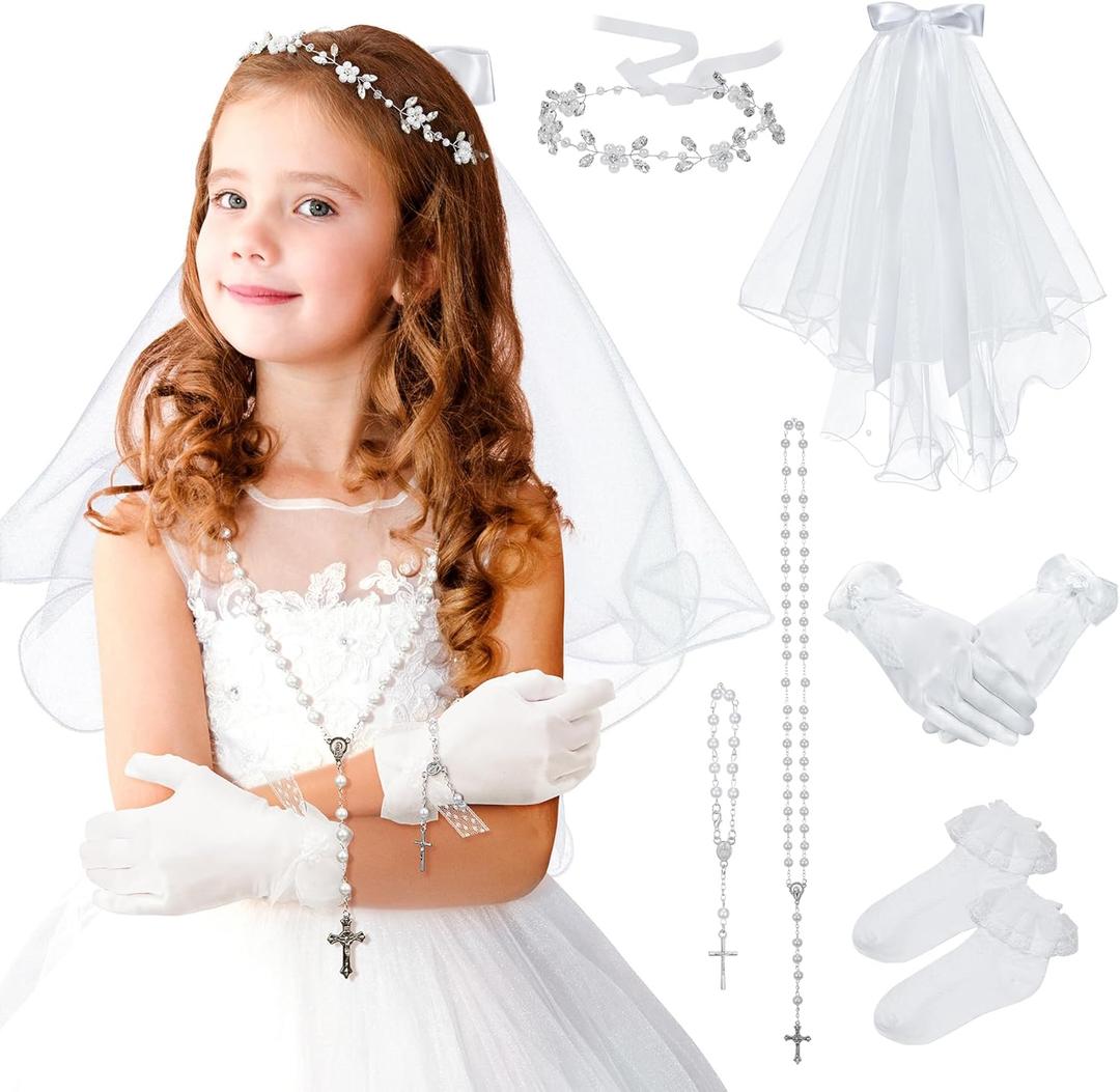 SWEETV 6 Pcs First Communion Veil Set for Girls 1st Communion Bow Veil Headpiece Accessories Set White Lace Veil Flower Crown