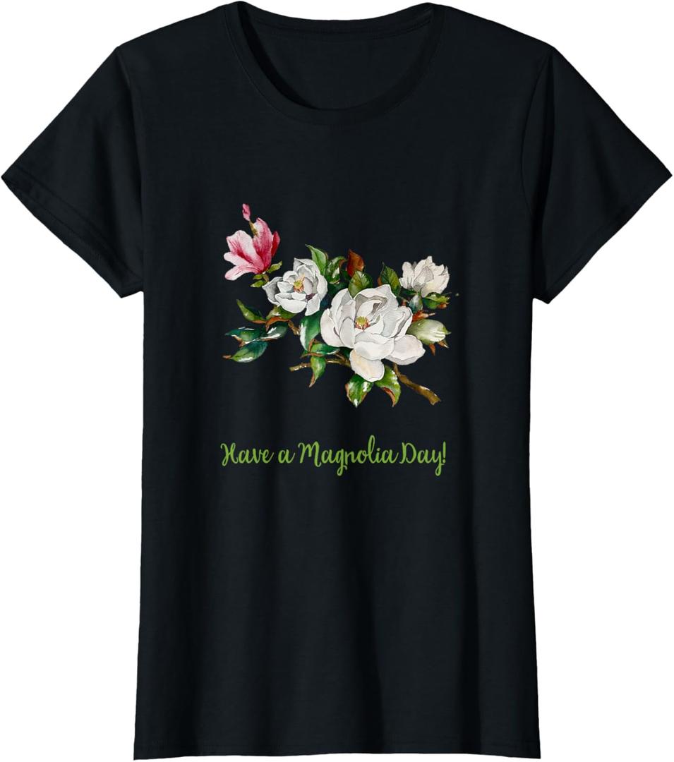 Fun Magnolia T-shirt Floral Women T Shirt (Small, Black)