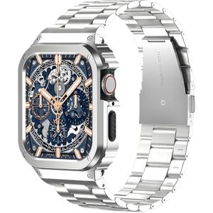 Metal Band Compatible with Apple Watch Band, Stainless Steel iWatch Band with Bumper Case for Men,iWatch Strap with Metal Protective Cover (Silver) 44mm(Series SE/SE2 6/5/4)