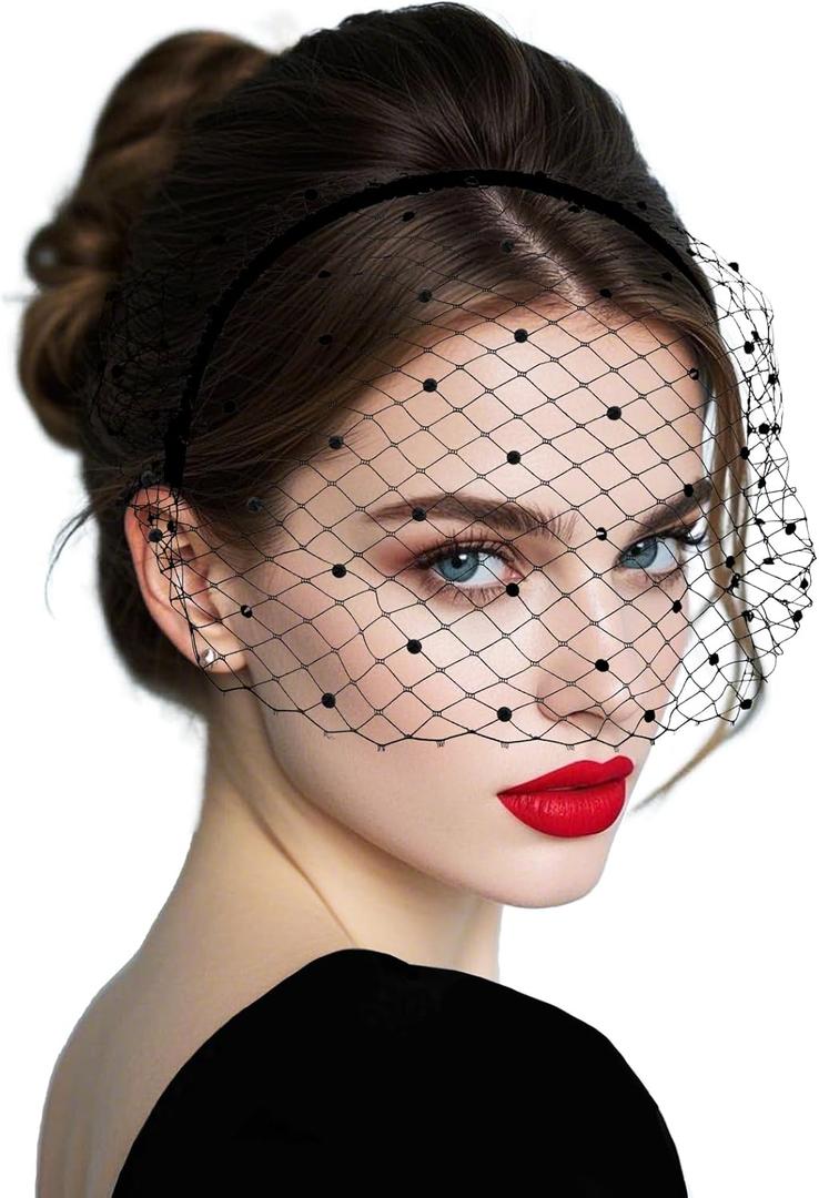 Fumwase Veil Fascinator Headband for Women Tea Party Fascinator Hats with Rhinestone for Wedding Bridal 1920s Tea Party (Black)