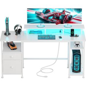 Furologee 61" Computer Desk with Power Outlet and LED Lights, Reversible Gaming Desk with File Cabinet & Monitor Stand for Home Office, Large Work Table with Storage Shelves & Drawer, White