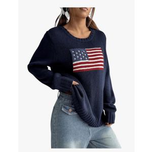 SweatyRocks Women's Flag Pattern Long Sleeve Round Neck Sweater Casual Loose Pullover Sweater, Medium 