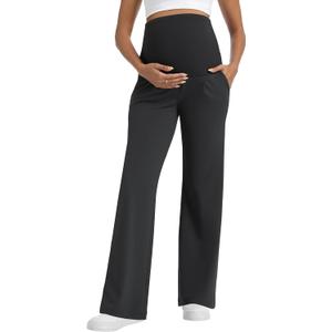 Foucome Maternity Pants for Work Wide Leg Stretchy Dress Pants Pregnancy Business Casual Trousers with Pockets (Black, M)