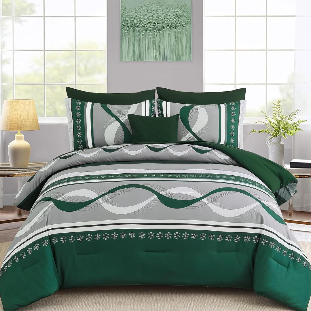 Anibedding Dark Green Comforter Set King Size,8 Pieces Bed in a Bag Patchwork Striped Bedding Sets,Boho Soft Microfiber Bedding Set for All Season(104"90")