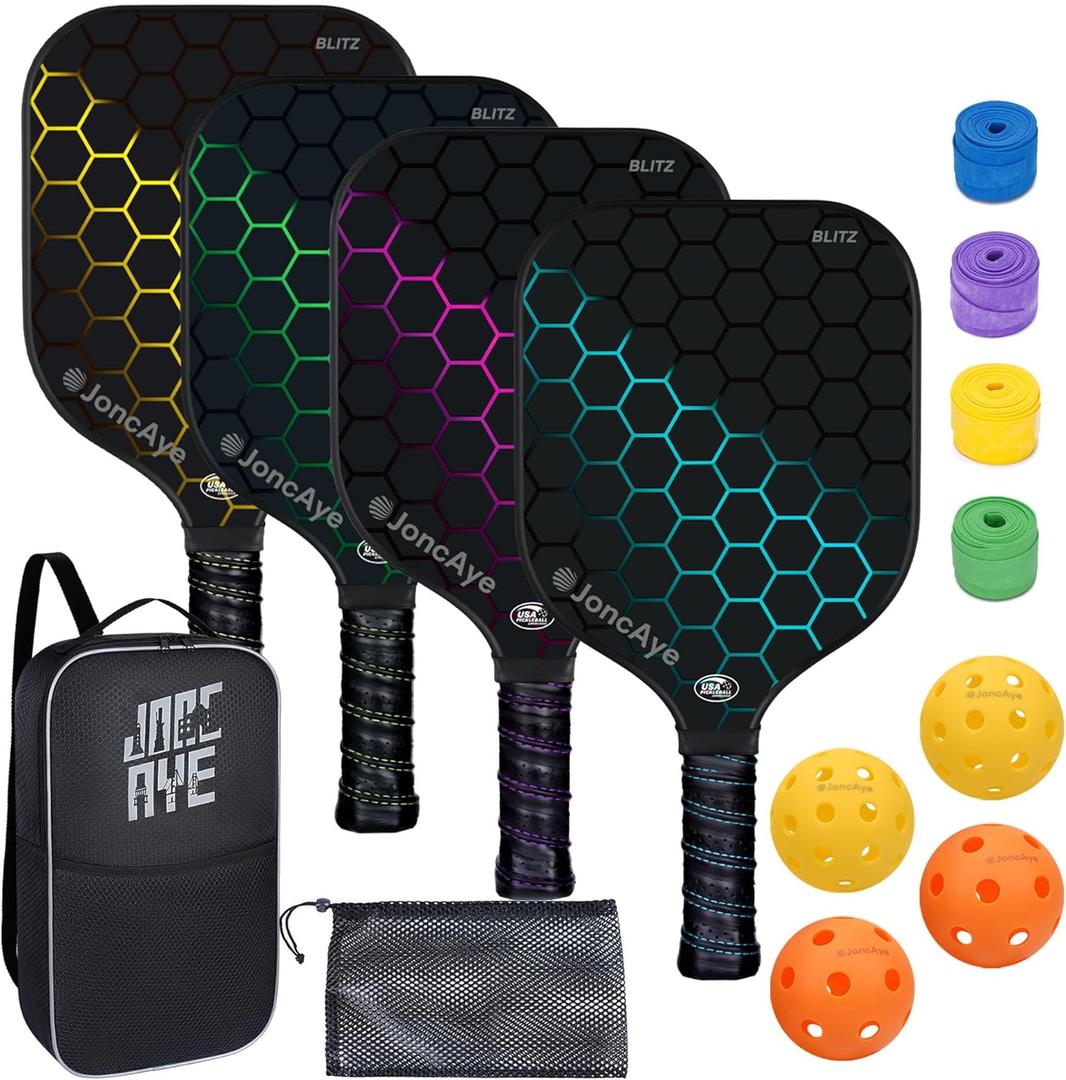 JoncAye Pickleball Paddles Set of 4 or 2, USAPA Approved Fiberglass Rackets with Outdoor Indoor Balls, Bag, Overgrip, Lightweight for Family, Professional Equipment for Beginners Intermediate (Blue Pink Green Yellow)