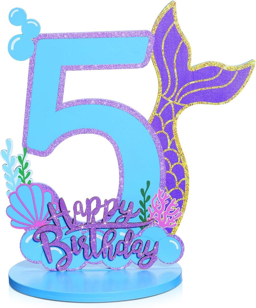 Mermaid Birthday Number Sign Centerpiece for Girls Wooden Mermaid Party Number Table Sign Decoration Supplies for Birthday Anniversary (Number 5)