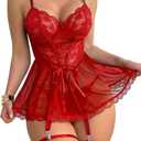 Lilosy Sexy Garter Belt Mesh Lace Babydoll Lingerie Dress Set with Thong (XX-Large, Red)