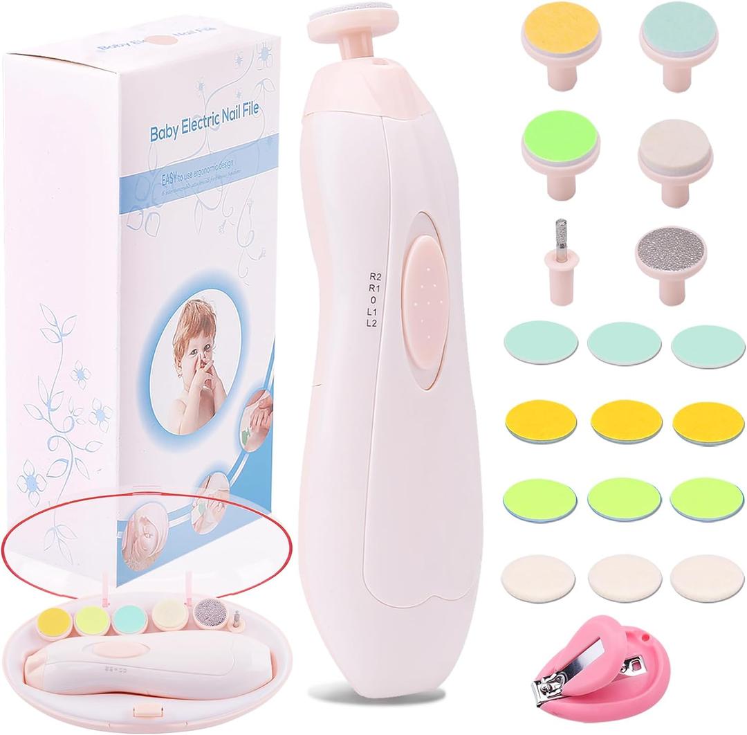 Baby Nail Trimmer Electric Nail File Baby Nail Clippers, 20 in 1 Safe Nail Filer Grinder Kit for Newborn Infant Toddler Kids or Adults Toes Fingernails Care Trim Polish, Led Light and Grinding Heads (Blush)