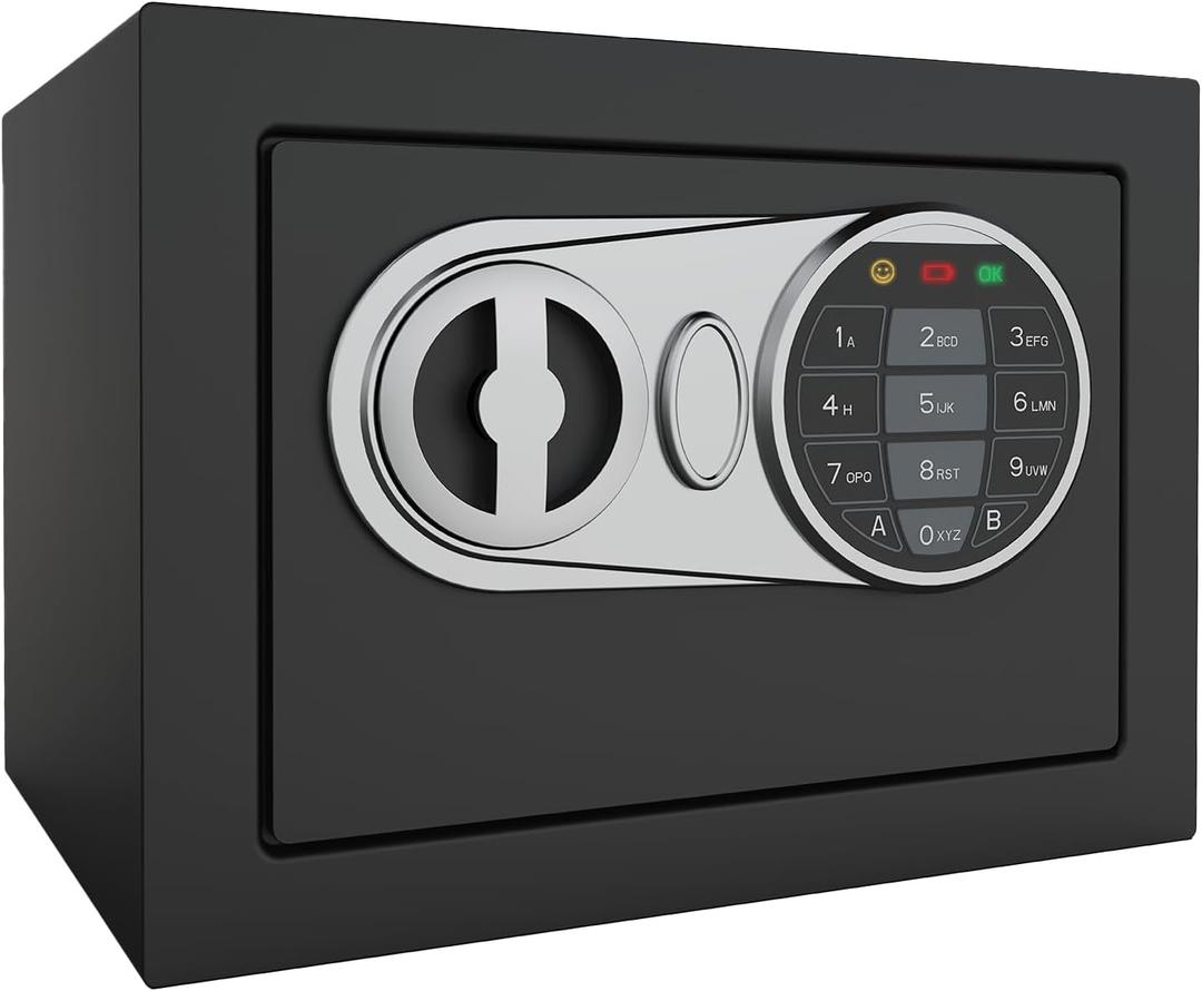 Goldenkey Small Safe Box for Money, Digital Mini Safe Box with Keys&Code for Cash and Coin, Security Home Safes for Kids Personal Items, 6.69"D x 9.05"W x 6.69"H, 0.236 Cu.Ft. (Black)