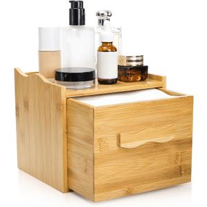 Jucoan Bamboo Towel Container with 50 Count XL Disposable Face Towel, Bamboo Storage Box with Drawer for Makeup Remover Dry Wipes, Disposable Washcloths, Bathroom Desktop Organizer