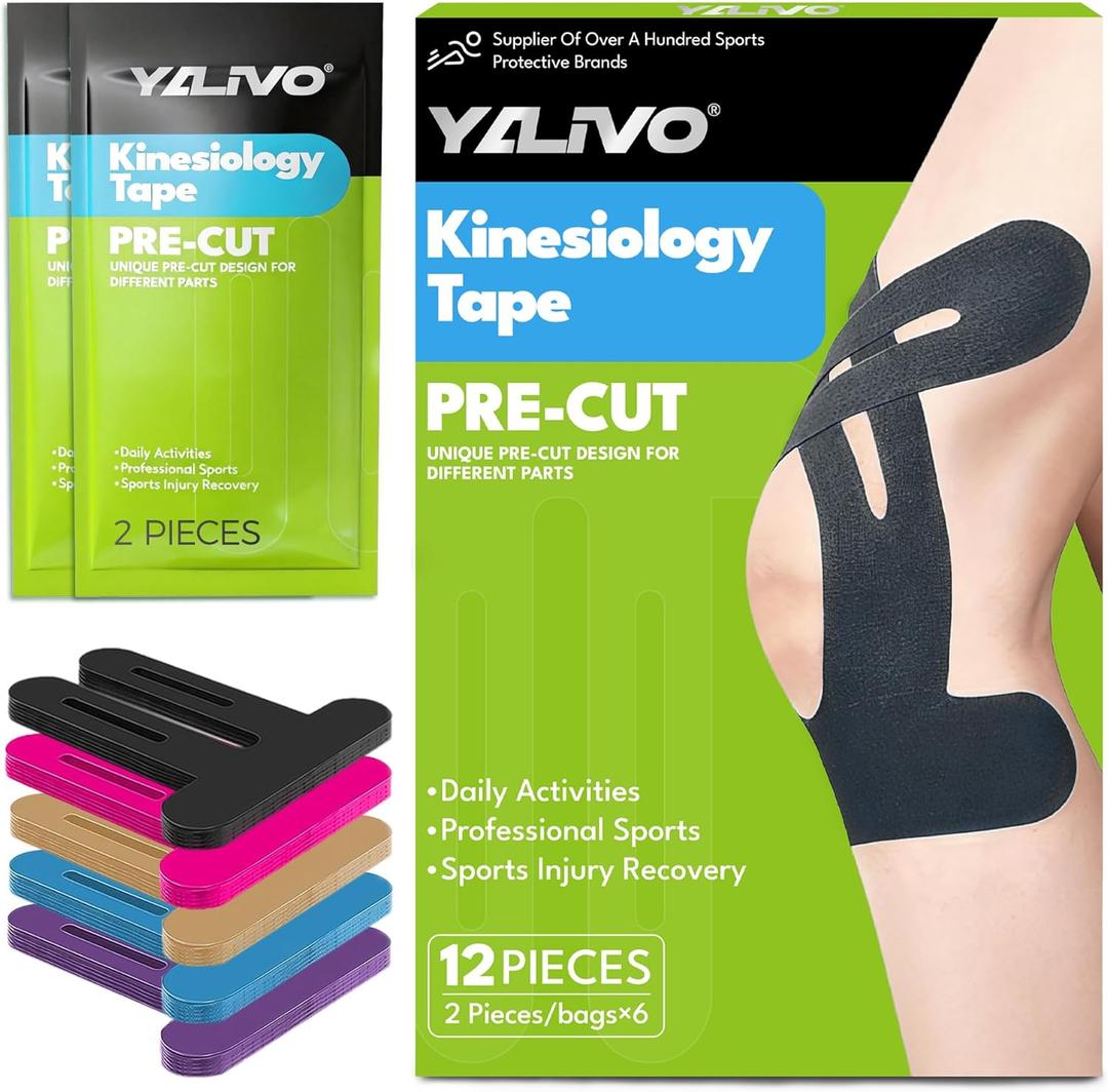 Precut Kinesiology Tape for Knees, 12 Pcs Individual Packaged - Knee Support & Stability, Pain Relief Athletic Tape - Waterproof & Elastic, Breathable Hypoallergenic Latex-Free Tape (Black)