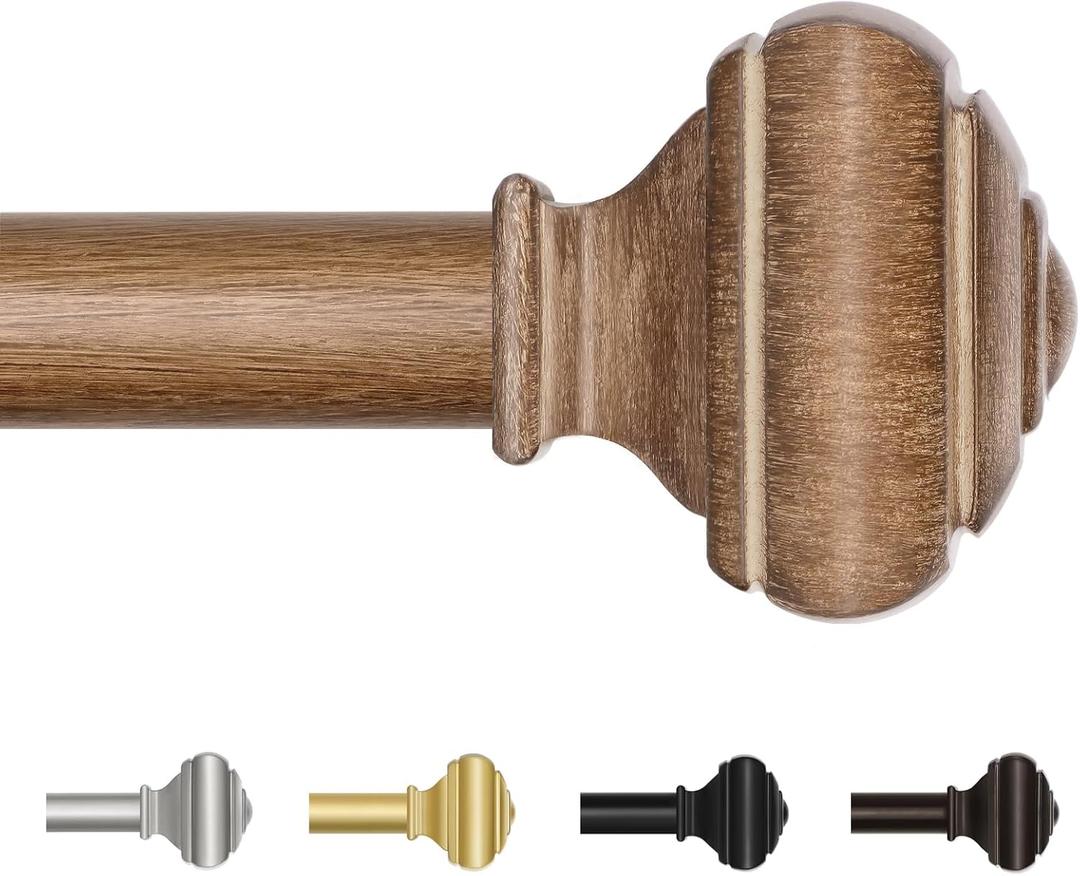 Wood Curtain Poles for Windows 66 to 120 Inch(5.5 to 10ft), USFOOK 7/8 Inch Decorative Single Curtain Rod Set, Long Heavy Duty Drapery Rods 32 to 120, Square Finials