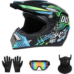 Youth Sport Full-Face Helmet for BMX, Mountain Bike & Off-Road Motocross Helmet, DOT Certified Motorcycle Helmet for Dirt Bike & ATV, Lightweight and Comfortable, 4-Piece Set, Large
