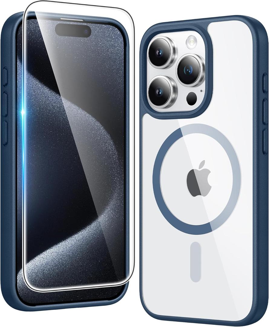FNTCASE for iPhone 15 Pro-Max Case: Clear Magnetic Phone Cases with Screen Protector Compatible with Magsafe Slim Anti Yellowing Rugged Shockproof Protective Transparent Cell Phone Cover (B-Blue)