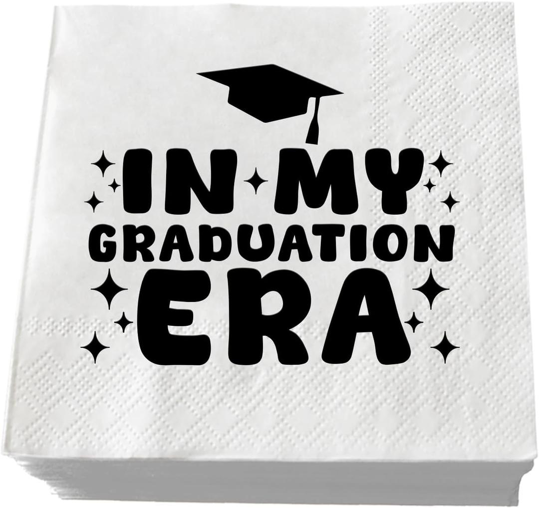 In My Graduation Era Napkins, 50 Pack White and Black Class of 2025 Graduation Party Decorations, Funny Graduate Party Paper Napkins, Congrats Grad, Luncheon Dinner Bar Beverage Napkins 3 Ply