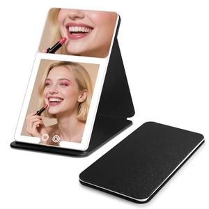 Junyaoxuan Upgraded Foldable Led Makeup Vanity Mirror with 20X Magnifying, Ultrathin 72 Led Lights Compact Tabletop Mirror, 3 Color Modes, Dimmable Touch Screen LED Mirror Travel- Cool Black