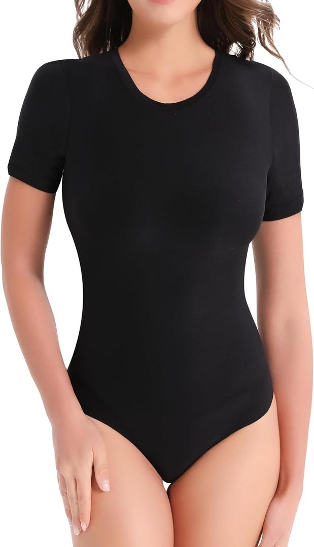 Women's Crew Neck Short Sleeve Bodysuit Slimming Fit T-Shirt Body suit Top Neutral Collection (Large, Onyx Black)