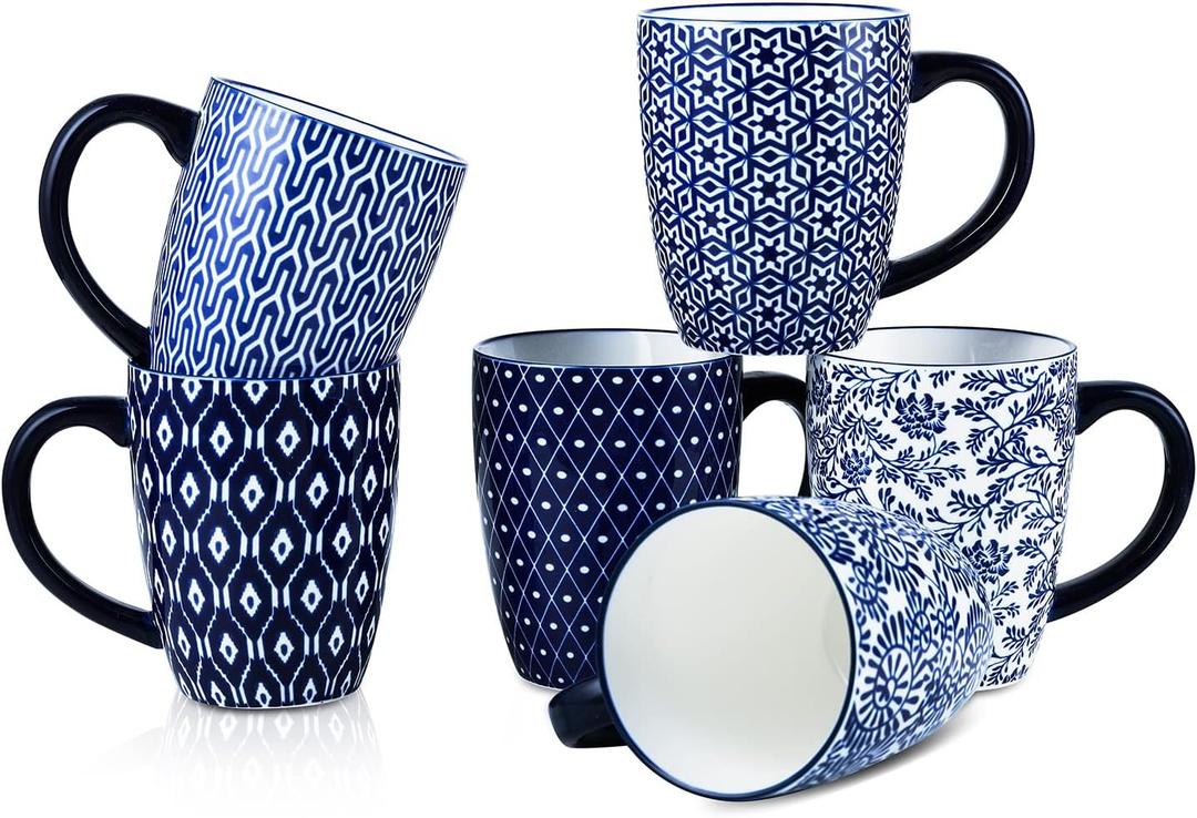 Selamica 16 oz Ceramic Coffee Mugs Set of 6, Ceramic Tea Cup with Handle, Dishwasher oven microwave safe, Vintage Blue
