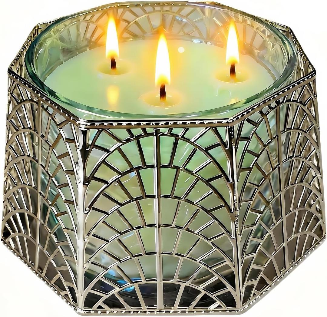 3 Wick Candle Holder, Shell Design Candle Jar Holder for 4-Inch Diameter Jars (5.25" D x 3.5" H), Rose Gold Metal, Coastal Decor