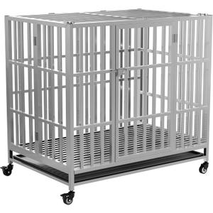 37" 42" 48" Heavy Duty Dog cage Stainless Steel Metal Kennel and Crate, Collapsible for Medium to Large Dogs, Easy to Assemble pet Pen with Four Lockable Wheels, Black Tray(37in)