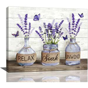 Tijuboni Farmhouse Bathroom Decor Wall Art Rustic Lavender Flower Pictures Canvas Prints Country Relax Soak Unwind Bathroom Sign Purple Butterfly Artwork Modern Home Decor Ready to Hang 16"x20"