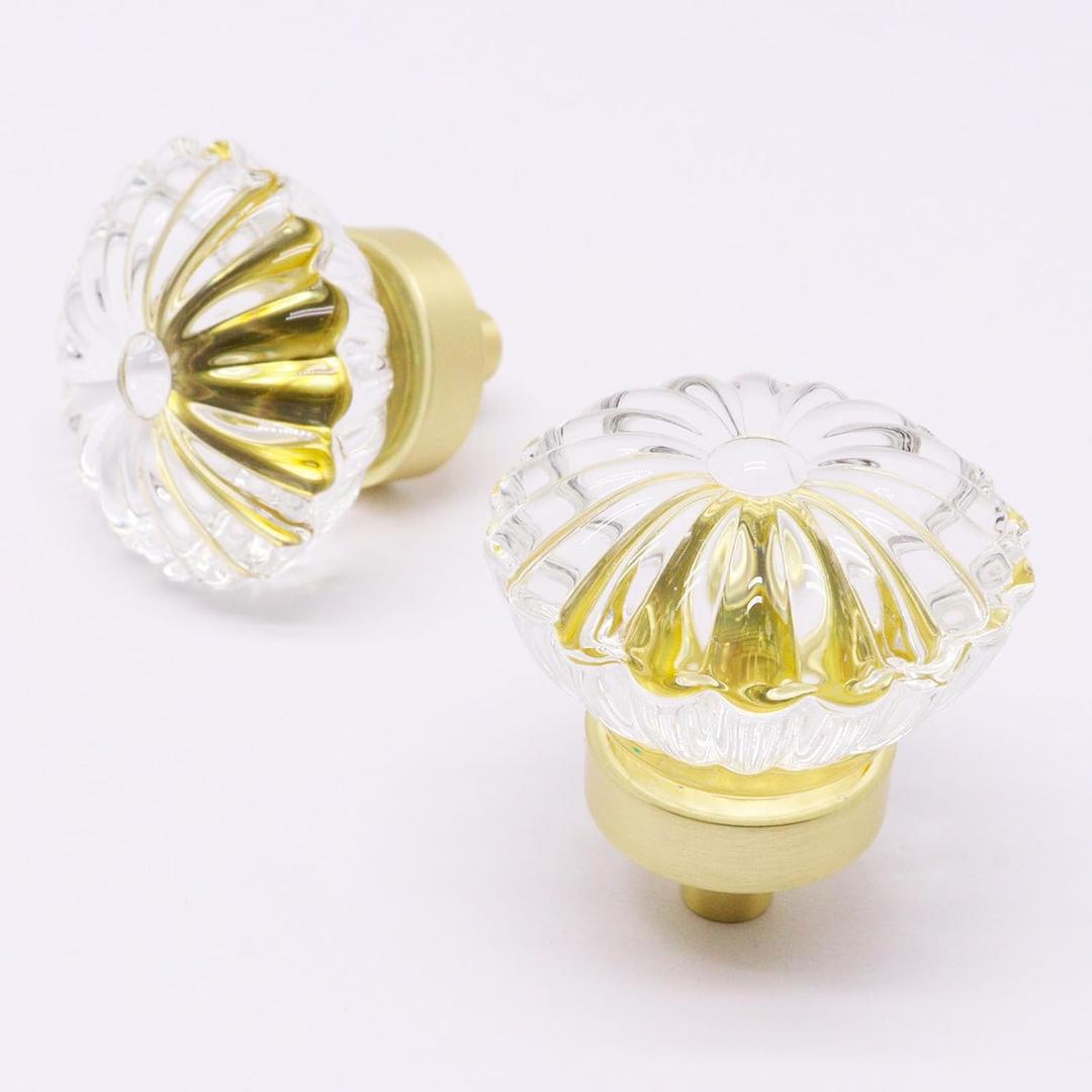 Crystal Cabinet Knobs 6 Pcs, Crystal Knobs for Dresser Gold Cabinet Pulls Drawer Knob Furniture Dresser Knob, 1.36" Diameter Glass Drawer Handles (Flower Bud, Brushed Gold)