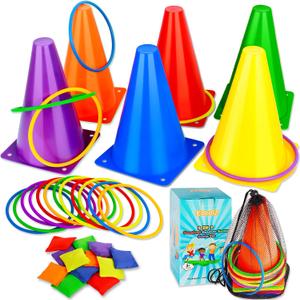 Eocolz 3 in 1 Carnival Games Set, Soft Plastic Cones Bean Bags Ring Toss Games for Kids Birthday Party Outdoor Games Supplies Combo Set