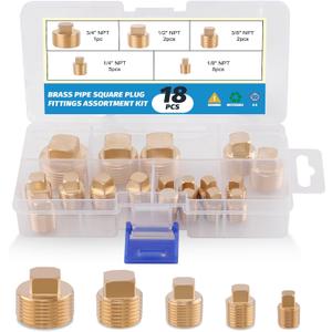 18PCS Brass Pipe Fitting,1/8" 1/4" 3/8" 1/2" 3/4" NPT Male Square Head Plug Brass Cored Plugs Fittings for Boat,Gas,Drain Plug