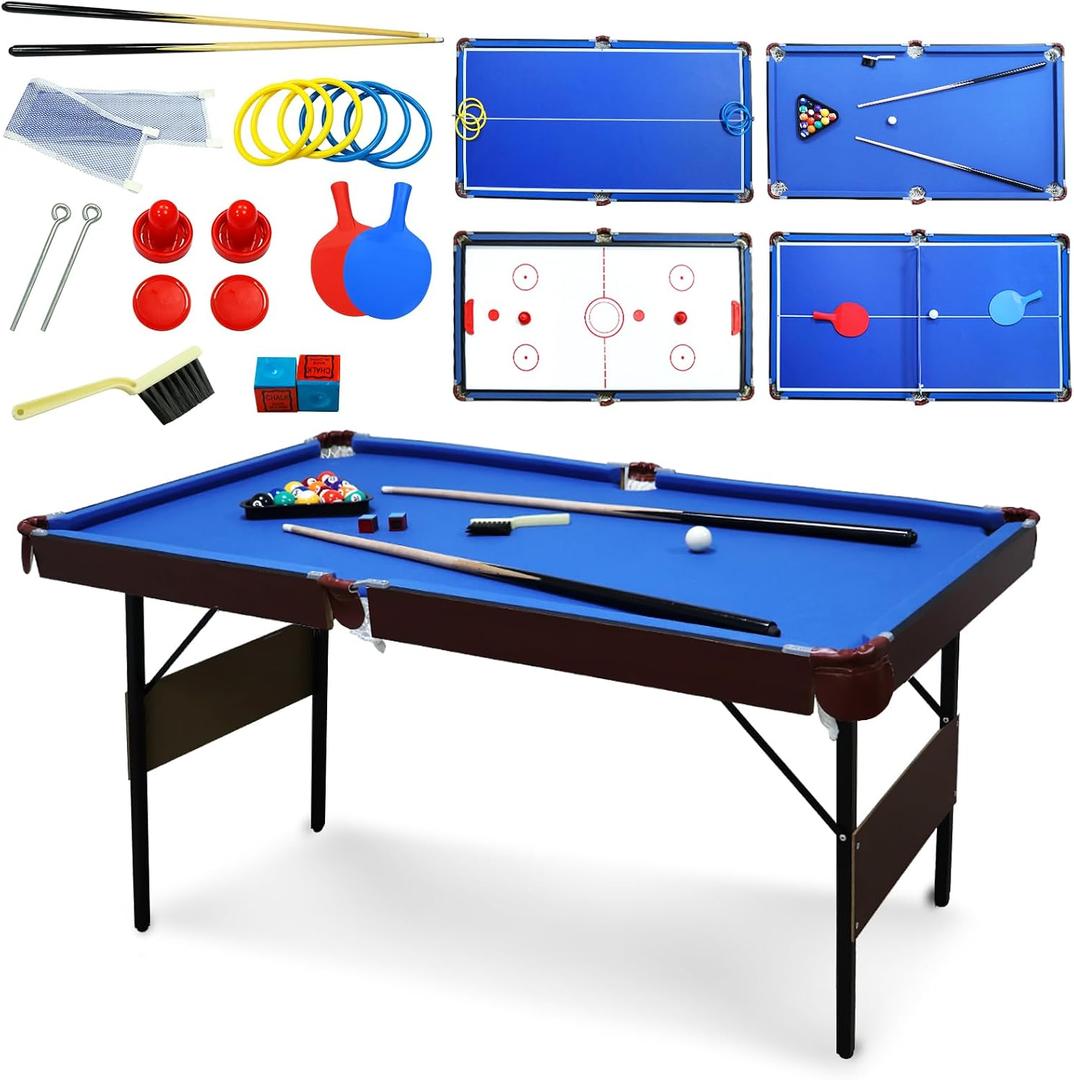 54" Folding Pool Table, 4 in 1 Multi Game Table, Folding Portable Billiards Game Table Set with Ping Pong, Hockey, Pool, and Ringtoss, for Indoor, Game Room, Office