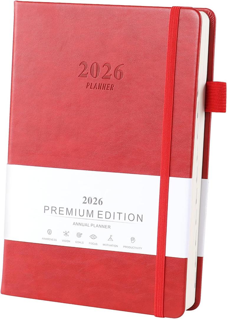 Ztowoto 2026 Planner,Leather Cover A5 2026 Weekly and Monthly Planner 5.7x8.5" with Pen Loop,Elastic Bond,365 Pages 2026 Diary for School,Office and Home(Red)