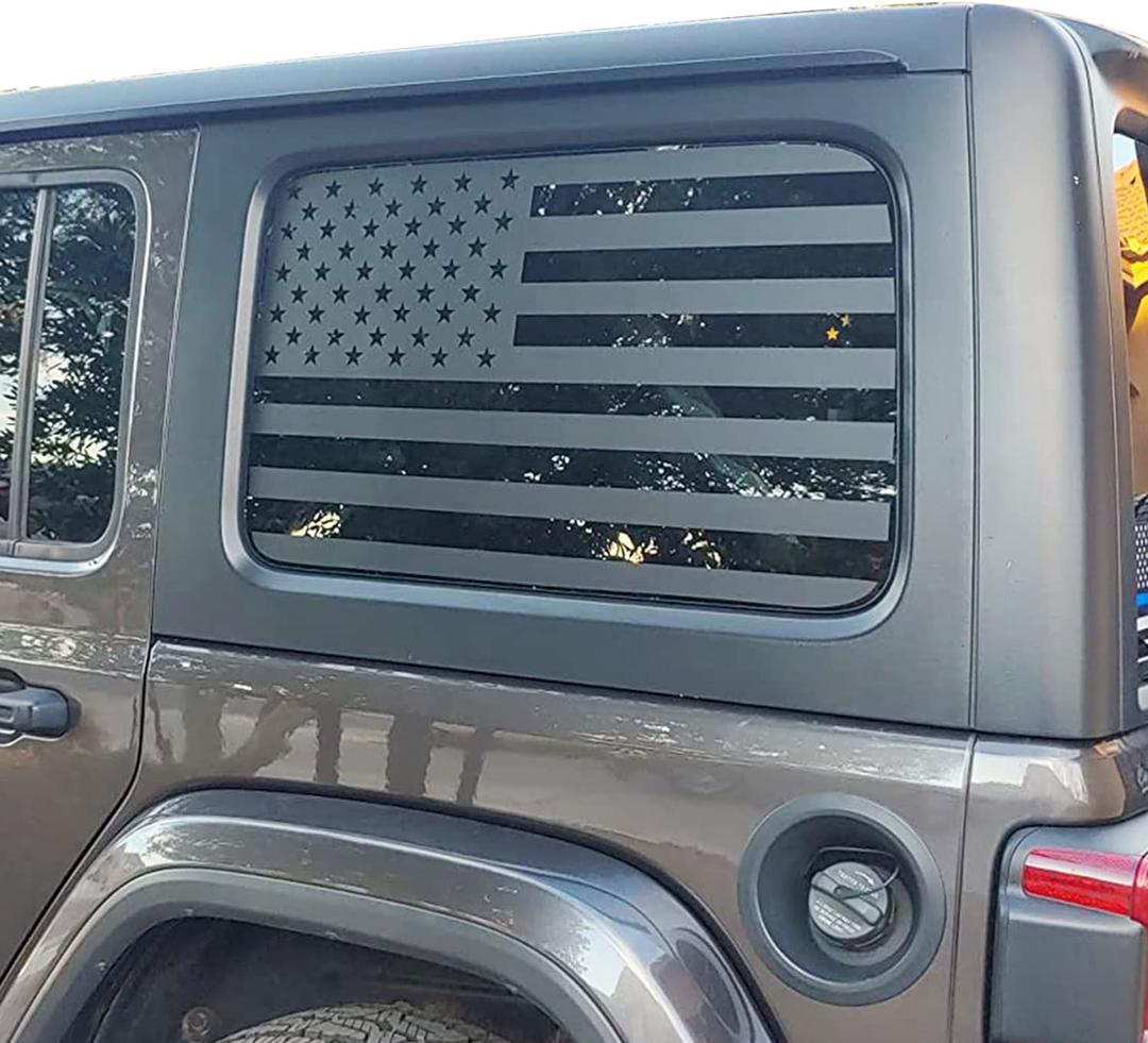 Rear Window American Flag Decal Compatible with Jeep Wrangler JL JLU 2018-2024 2025 (4-Door Version), Precut Back Side Window Glass USA Flag Vinyl Sticker Exterior Accessories (Matte Black)