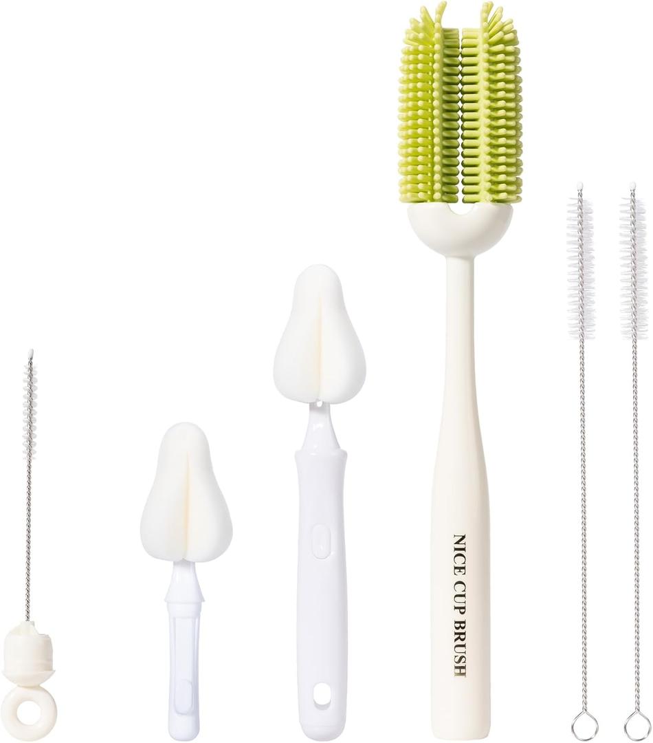 CAREBABYMORE 5-in-1 Baby Bottle Brush Kit, Silicone Bottle Brush for Baby Bottle and Breast Pumps, Sponge Nipple Brush with Replaceable Brush Head, Straw Brushes, Green
