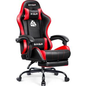 N-GEN GAMING Video Gaming Chair with Footrest Lumbar Support for Home Office High Back Recliner Height Adjustable Ergonomic Comfy Leather Computer Desk Chair (Red), 27.5 inches x 24.5 inches x 50 inches
