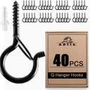ADIIL 40 PCS Q Hanger Hooks with Safety Buckle, Windproof Screw Hooks for Hanging Outdoor String Lights, Plants, Christmas Patio Lights, 2.2 Inches, Black