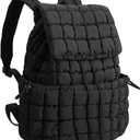 XSUIOY Quilted Backpack Purse for Women Small Lightweight Puffer Puffy College Laptop Backpack Nylon Casual Bookbag Daypack Top Flap Drawstring Padding Hiker Travel Gym Backpack (Black)
