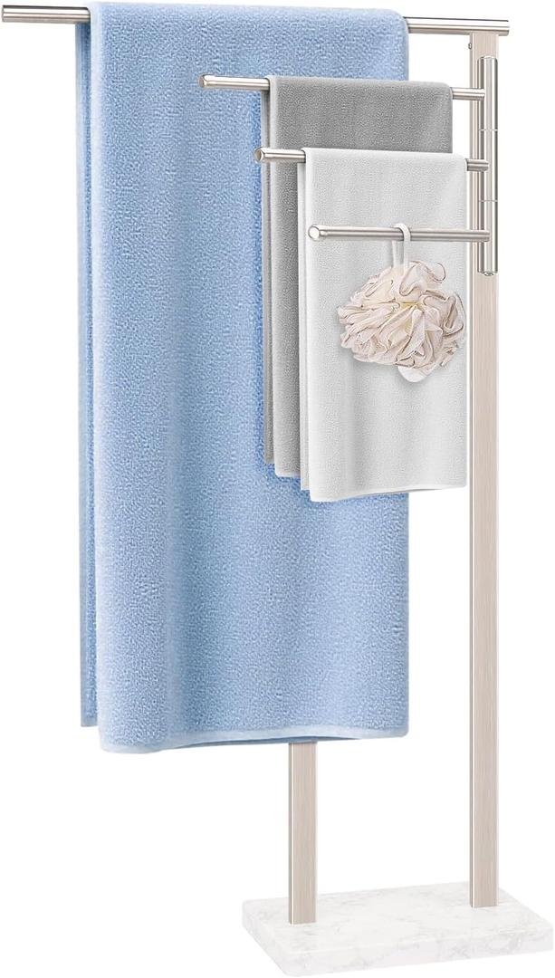 Standing Towel Rack, 304 Stainless Steel Towel Holder Stand with Weighted Marble Base, Floor Bath Towel Racks for Bathroom, Pool, Outdoor with 3 Swivel Towel Arms, Brushed Nickel