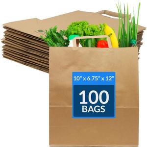 Reli. Kraft Paper Bags w/Handles (100 Pcs, Bulk) (Large 10"x6.75"x12") Brown Paper To Go/Take Out/Restaurant/Bags with Handles, Shopping Bags, Retail, Gifts | 25% larger than 10"x5"x13"
