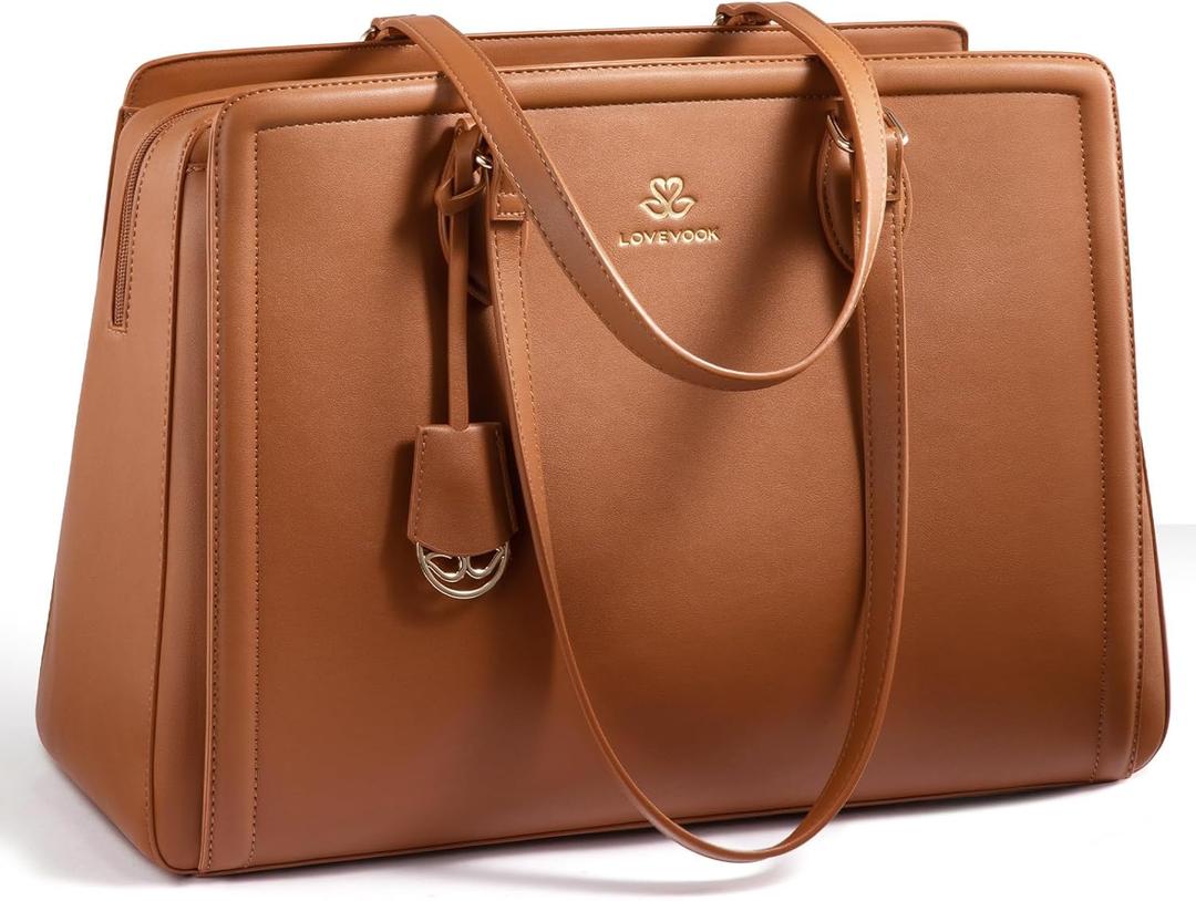 LOVEVOOK Laptop Bag for Women, Large Capacity Leather Computer Tote Bag, Waterproof Work Bags, Great Office Gifts for Women (15.6 Inch, Brown)