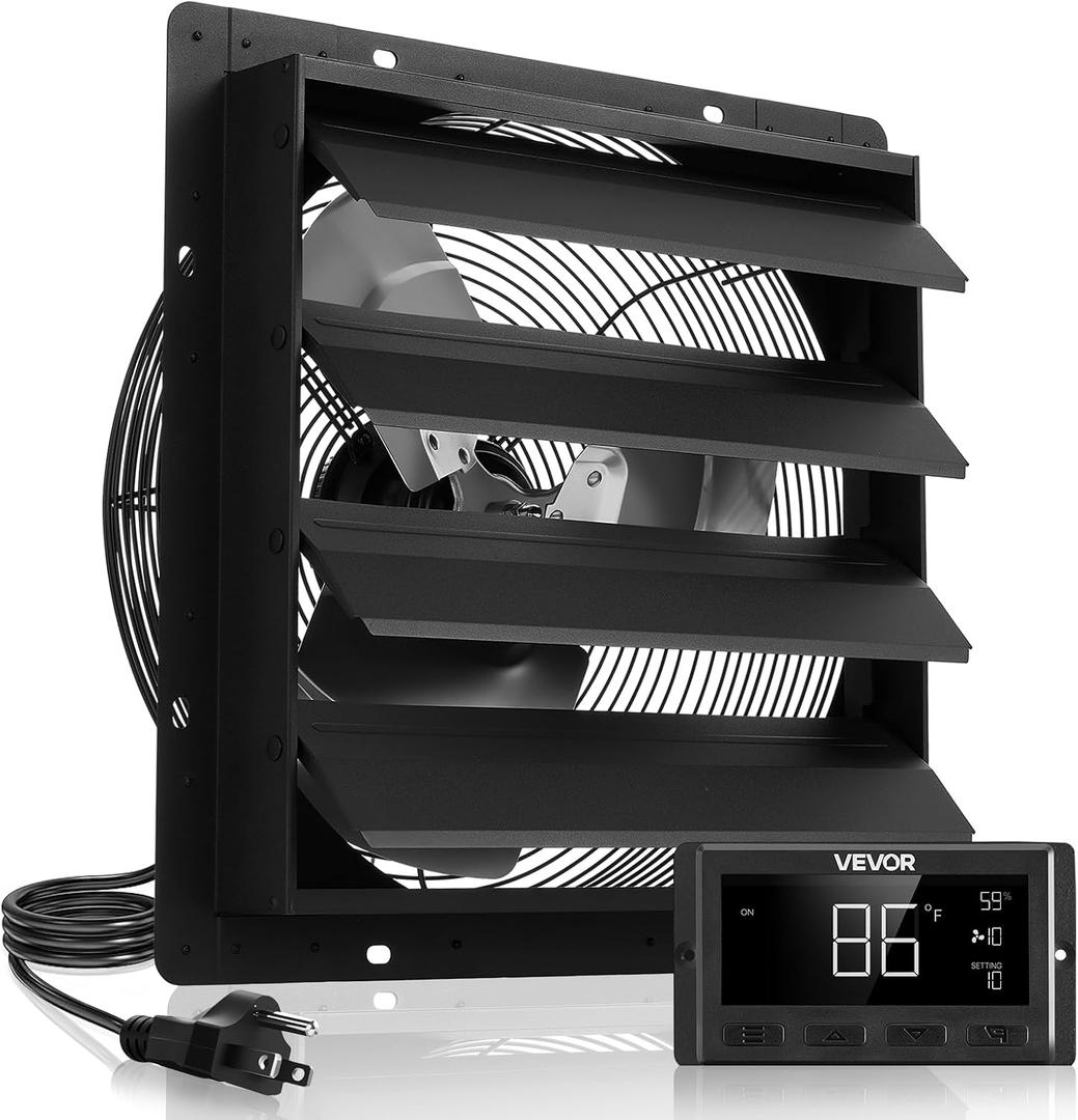 VEVOR 16 inch Exhaust Fan, Wall Mounted Attic Fan with Variable Speed, Temperature & Humidity Controller, 3000 CFM, Automatic Shutter
