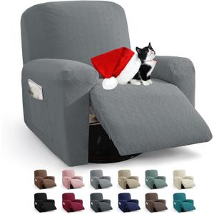 JIVINER 3 Piece Recliner Chair Cover Stretch Lazy Boy Non Slip Covers for Recliner with Pockets Soft Jacquard Reclining Sofa Slipcovers Furniture Protector with Elastic Bottom (1 Seater, Light Grey)