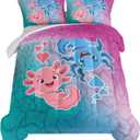 HOSIMnoA Axolotl Comforter Set Pink and Blue Axolotl Pattern Kawaii Bed Set for Kids Bedroom Decor, Twin Bed Set for Girls with 2 Pillowcases. (Full)