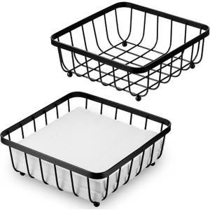 2 Pieces Napkin Holder for Table, Modern Flat Metal Paper Napkin Holder for Kitchen or Dining Room, Square Metal Lattice Basket, Restaurant Towel Dispenser (Black)